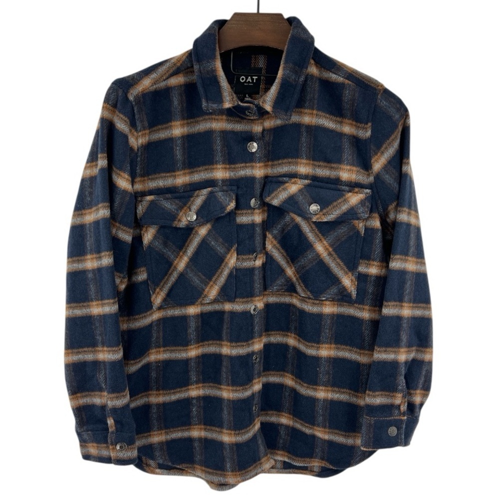 NWT’S Oat Plaid Thick Flannel Navy Blue & Tan Shacket SZ L